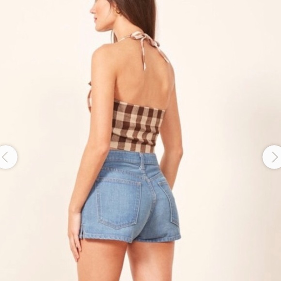 Reformation Connie Gingham Linen Crop Halter Top - Picture 2 of 5